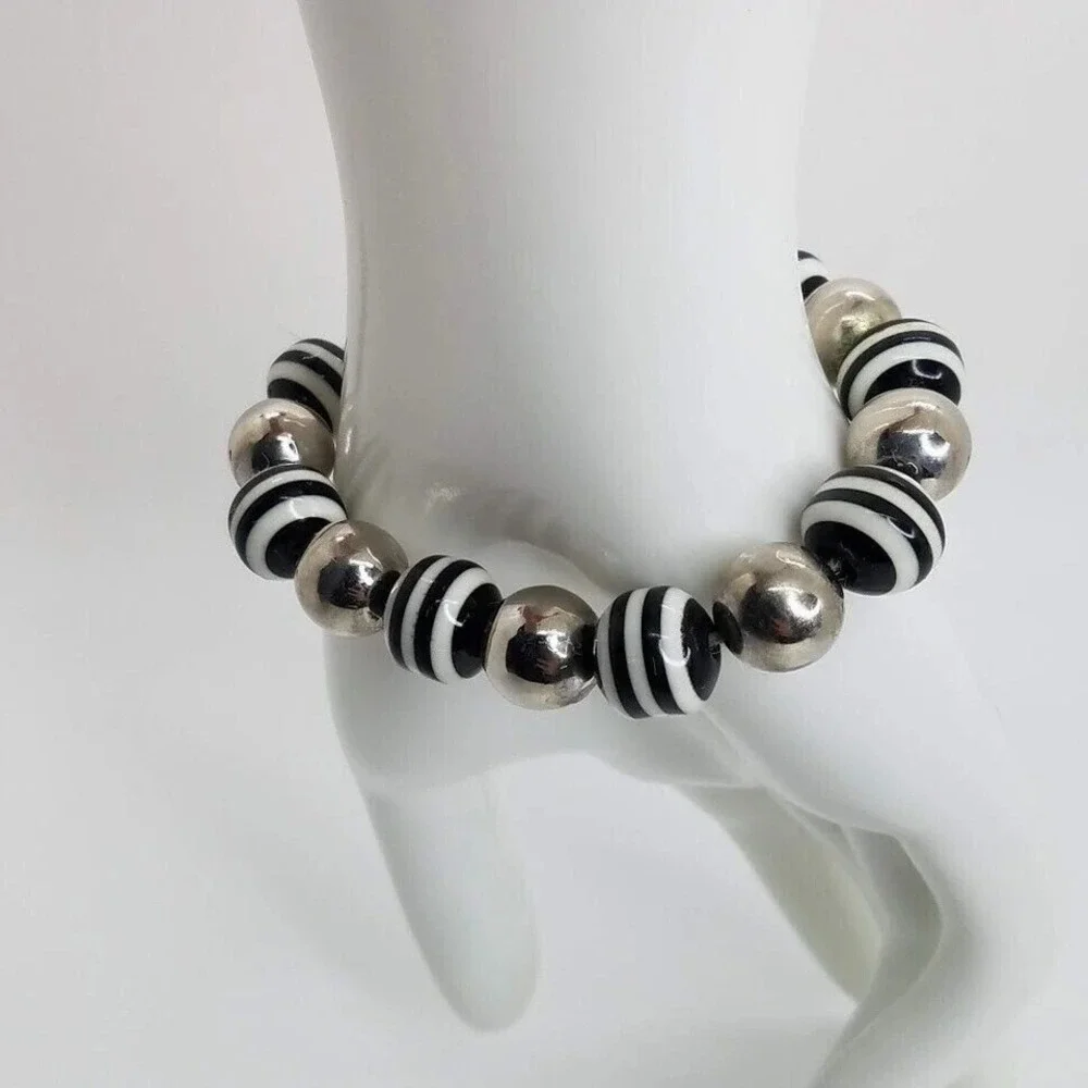 Chic Black‎ White Stripe Silver Tone Beaded Stretch Bracelet Fashion Jewelry